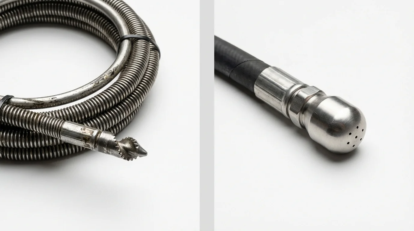 Drain snake cable and hydro jetting nozzle used for drain cleaning in Hillsborough, NH