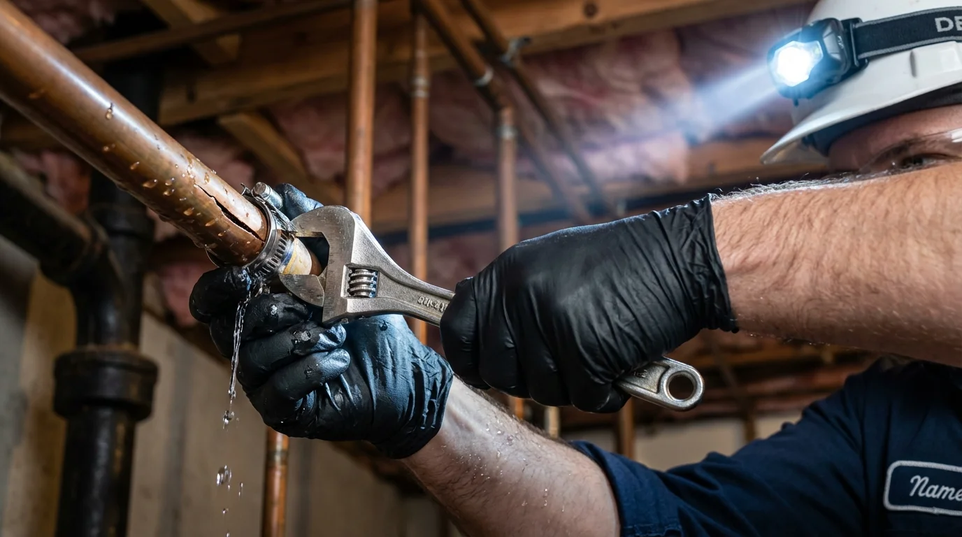 Emergency pipe clamp repair being performed by a Johns Plumbing LLC plumber in Hillsborough