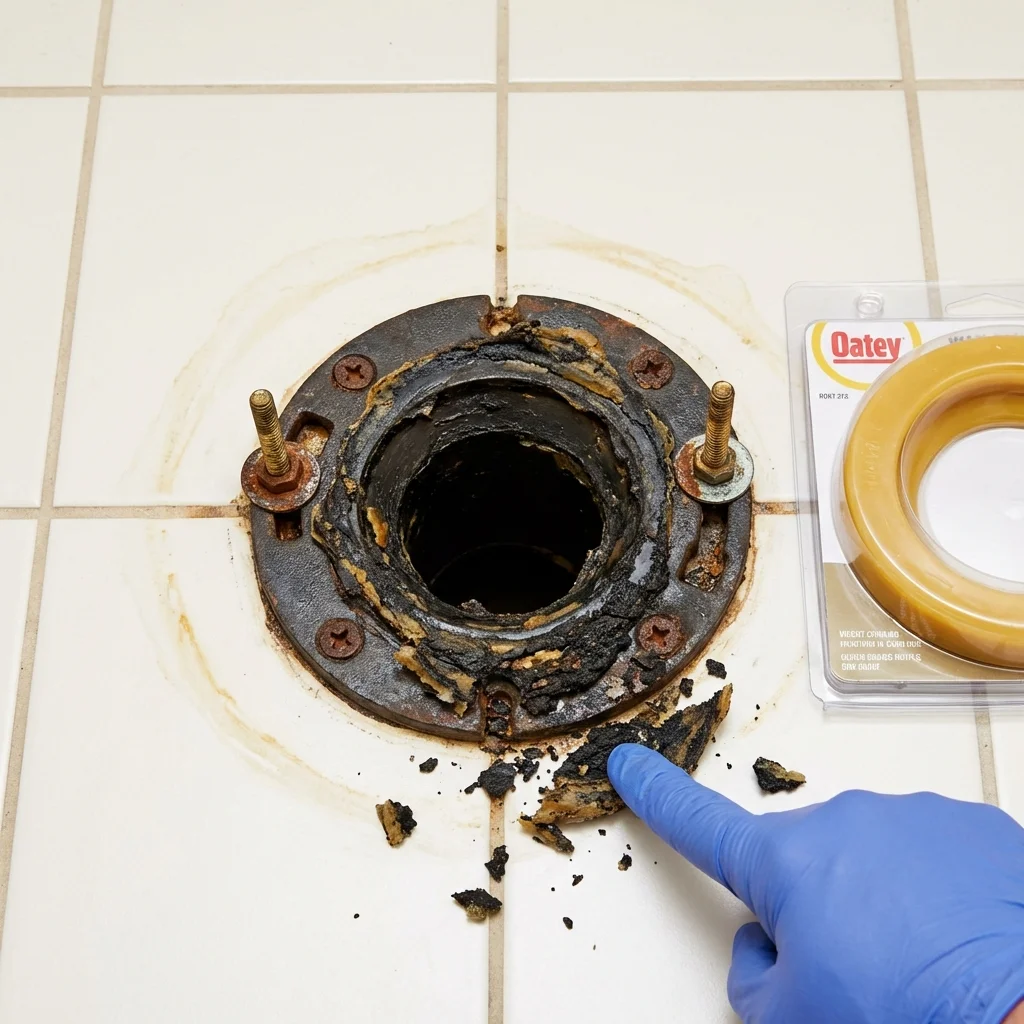 Failed wax ring showing water seepage at the base of a toilet in a Hillsborough, NH home