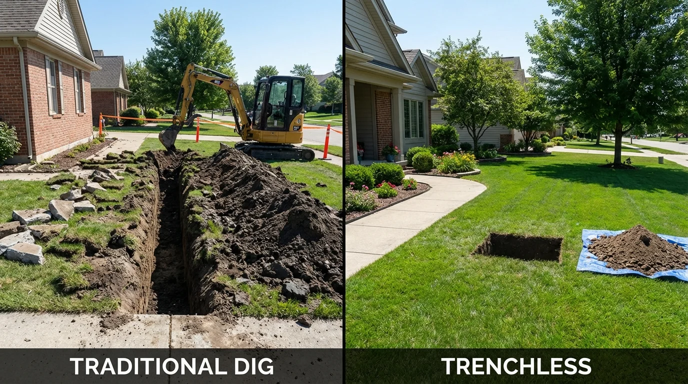 Trenchless sewer repair with minimal yard damage versus traditional excavation in Hillsborough, NH