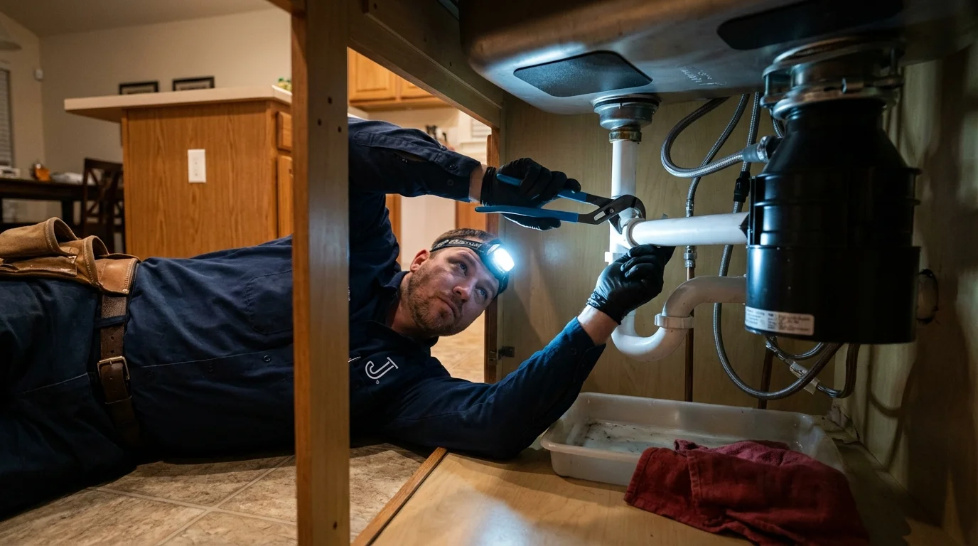 P-trap and supply line connections under a kitchen sink showing a common leak point in Hillsborough, NH